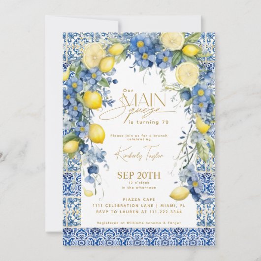 Hauptpresse Italien Lemon Blue Tiles Birthday Einladung (Vorderseite)