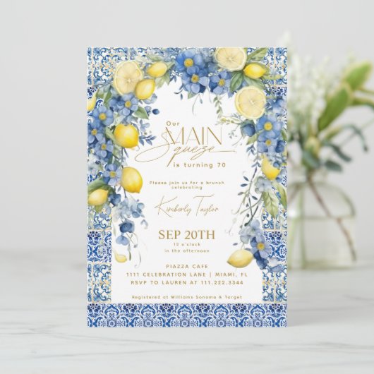 Hauptpresse Italien Lemon Blue Tiles Birthday Einladung (Stehend Vorderseite)