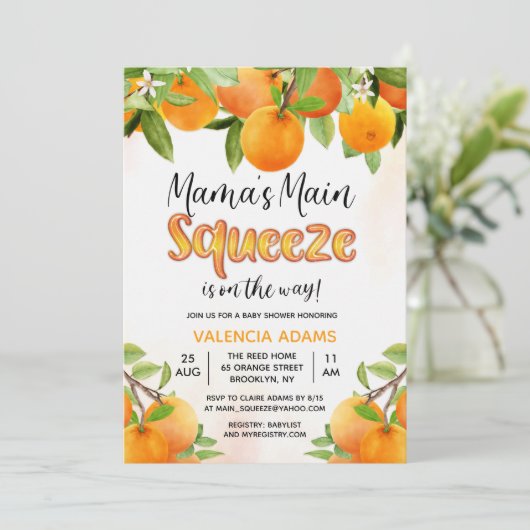 Hauptpresse Orange Fruit Baby Dusche Einladung (Stehend Vorderseite)