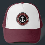 Hauptschiff oder Name des Schiffs des Ankerstaates Truckerkappe<br><div class="desc">Ein Nautical Anchor und Seil mit Captain Rank oder einem anderen Titel und Ihrem Namen oder Bootsnamen auf einem stilvollen,  modernen Hut.</div>
