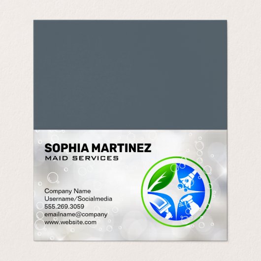Hauptsymbole für die Reinigung | Seifenblasen Visitenkarten (Außenseite Aufgefaltet)