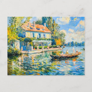 Haus am See mit Schiff Feiertagspostkarte