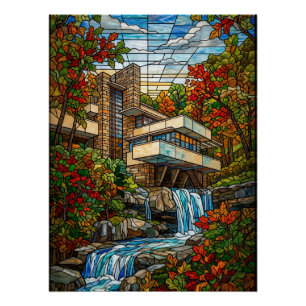 Haus am Wasserfall mit Glasmalerei Herbst Poster