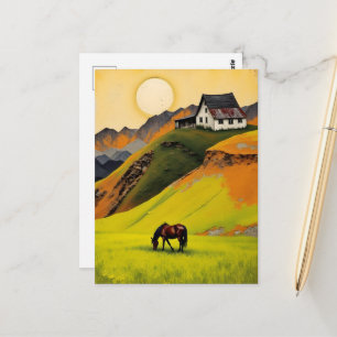 Haus auf dem Hügel und Pferd auf der Weide Postkarte