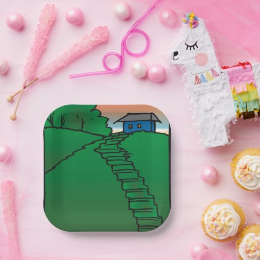 Haus auf einem grünen Hügel Pappteller (Party)