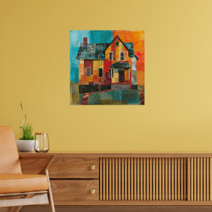 Haus aus einer Collage von Stücken und Texturen Poster