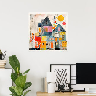 Haus aus einer Collage von Stücken und Texturen Poster
