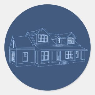 Haus: Blue Print Zeichnend: Runder Aufkleber