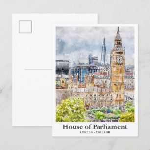 Haus des Parlaments London Aquarell Handgezeichnet Postkarte