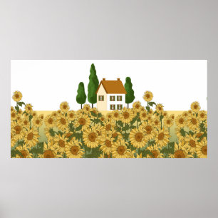 Haus, hohe Bäume und ein Feld von Sonnenblumen in  Poster