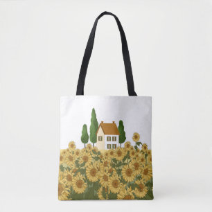 Haus, hohe Bäume und ein Feld von Sonnenblumen in Tasche