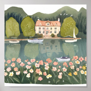 Haus in den Bergen am See Poster