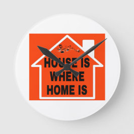 HAUS IST WO HEIM IST LOGO SCHWARZE SCHRIFT ORANGEF RUNDE WANDUHR