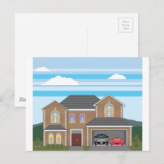 Haus mit Garage. 2 Autos Postkarte (Vorne/Hinten)