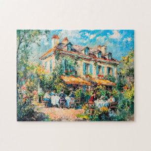 Haus mit Gartentischen und Personen Puzzle