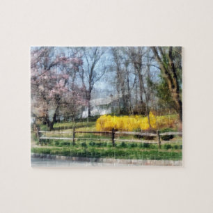 Haus mit Magnolien und Forsythia Puzzle