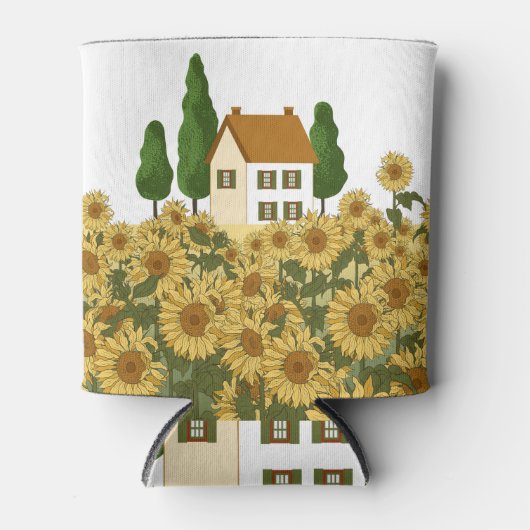 Haus Sonnenblumen Feld Vintage Illustration Dosenkühler (Vorderseite)