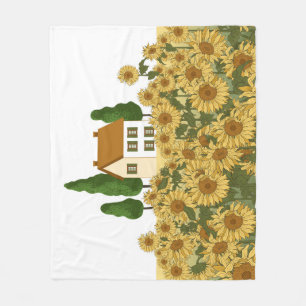 Haus Sonnenblumen Feld Vintage-Illustration Fleecedecke
