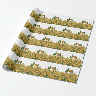 Haus Sonnenblumen Feld Vintage Illustration Geschenkpapier