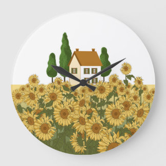 Haus Sonnenblumen Feld Vintage Illustration Große Wanduhr