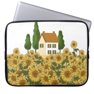 Haus Sonnenblumen Feld Vintage Illustration Laptopschutzhülle