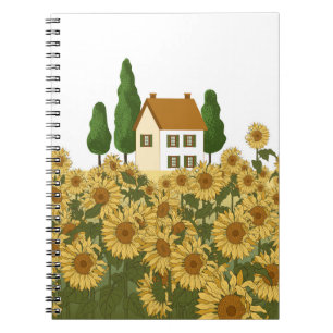 Haus Sonnenblumen Feld Vintage Illustration Notizblock
