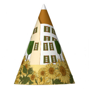 Haus Sonnenblumen Feld Vintage Illustration Partyhütchen