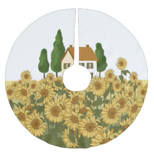 Haus Sonnenblumen Feld Vintage Illustration Polyester Weihnachtsbaumdecke