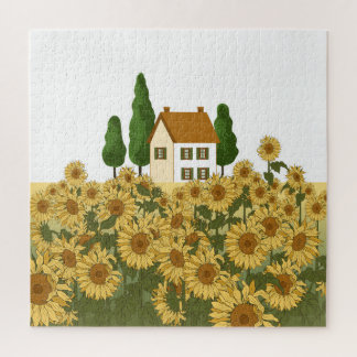 Haus Sonnenblumen Feld Vintage Illustration Puzzle