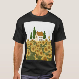 Haus Sonnenblumen Feld Vintage Illustration T-Shirt
