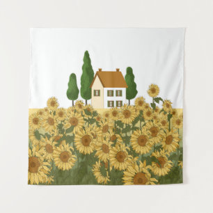 Haus Sonnenblumen Feld Vintage Illustration Wandteppich