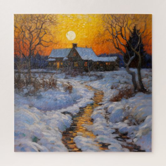 Haus Sunset Winter Landschaft Puzzle (Vertikal)