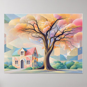 Haus und Baum in Art Deco-Pastellfarben Poster