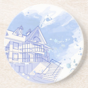 Haus: Watercolor zeichnen Sandstein Untersetzer
