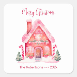 Haus-Weihnachtssticker aus rosa Lebkuchen Quadratischer Aufkleber