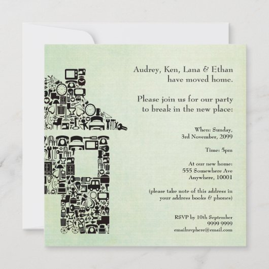 Haus-Zuhausehousewarming-bewegliche Party Einladung (Rückseite)