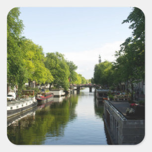 Hausboote auf dem Amsterdamer Kanal Quadratischer Aufkleber