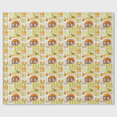 Häuschen, Hühner, geometrisch zeichnend Blumen. Geschenkpapier (Flach)