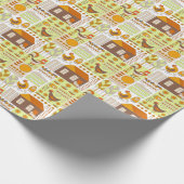 Häuschen, Hühner, geometrisch zeichnend Blumen. Geschenkpapier (Ecke)
