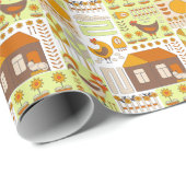 Häuschen, Hühner, geometrisch zeichnend Blumen. Geschenkpapier (Rolleneckpunkt)