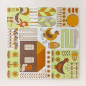 Häuschen, Hühner, geometrisch zeichnend Blumen. Puzzle (Horizontal)