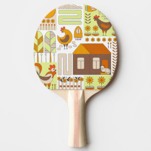 Häuschen, Hühner, geometrisch zeichnend Blumen. Tischtennis Schläger