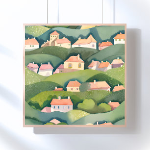 Häuser am Hang   Natur Aquarell luftige Malerei Poster