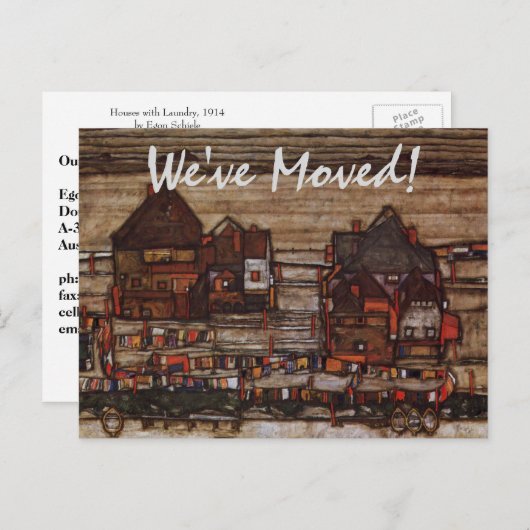 Häuser mit Wäscherei von Schiele, Adresswechsel Ankündigungspostkarte (Vorne/Hinten)