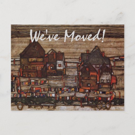 Häuser mit Wäscherei von Schiele, Adresswechsel Ankündigungspostkarte (Vorderseite)