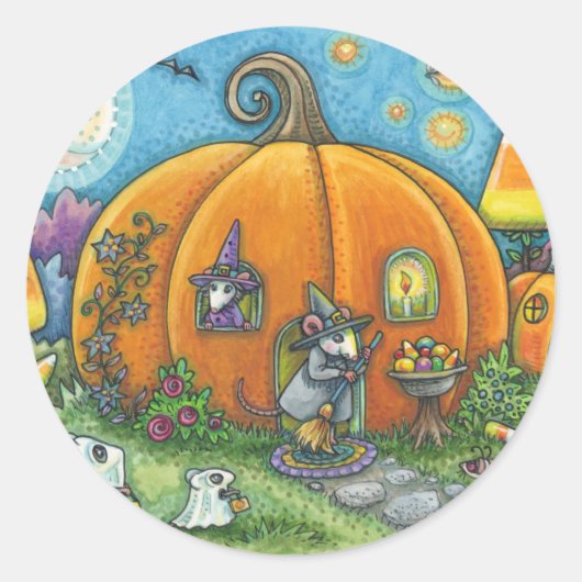 HÄUSER, TRICK ODER LECKEREIEN, HALLOWECKER RUNDER AUFKLEBER (Vorderseite)