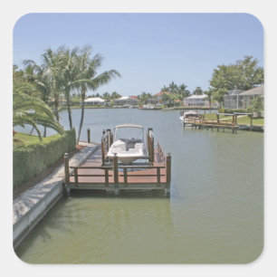 Häuser und Stege am Kanal Marco Island Florida Quadratischer Aufkleber