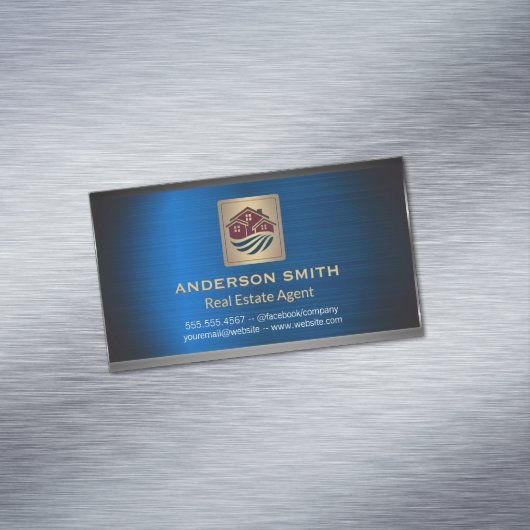 Häusersymbol | Blue Metallic Background Magnetische Visitenkarte (Beispiel)