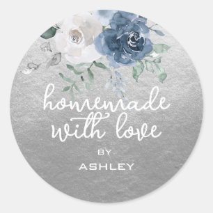 Hausgemacht mit Liebe Floral Blue Rose Silbergesch Runder Aufkleber