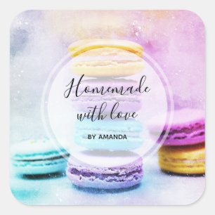 Hausgemacht mit Liebe Foto von farbigen Macarons Quadratischer Aufkleber